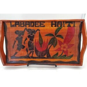 Vintage Mahogany Wooden Haiti Decorative Wood Serving Tray Folk Art Etched